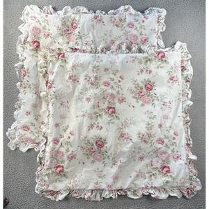 Shabby Chic Euro Shams 30x30 Brown Label Pink Roses Floral Ruffled Button Back